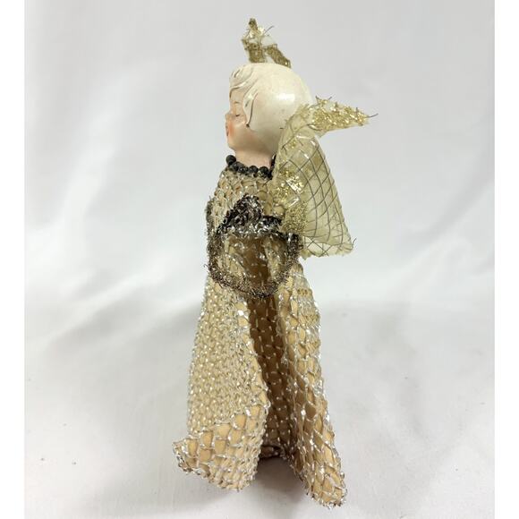Holt Howard Ceramic Head Gold Mesh Angel Vintage MCM Christmas Tree Topper 8.5” - Picture 2 of 7